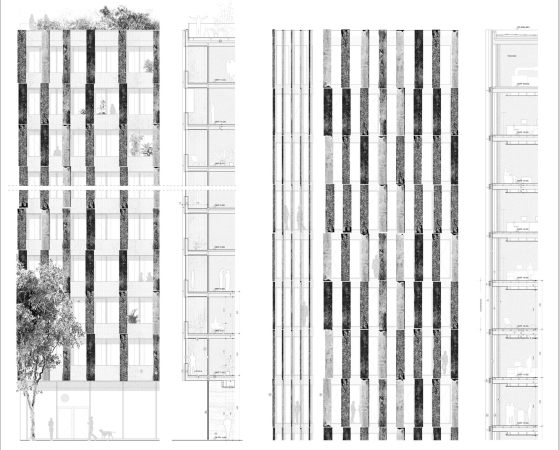 1. Preis: Barkow Leibinger, Berlin, Fassade. Die beiden Nutzungen Bro und Wohnen sowie Vorder- und Rckseite sind durch unterschiedliche Lisenenprofile, Fassadenraster und Oberflchenstrukturen nach auen sichtbar.