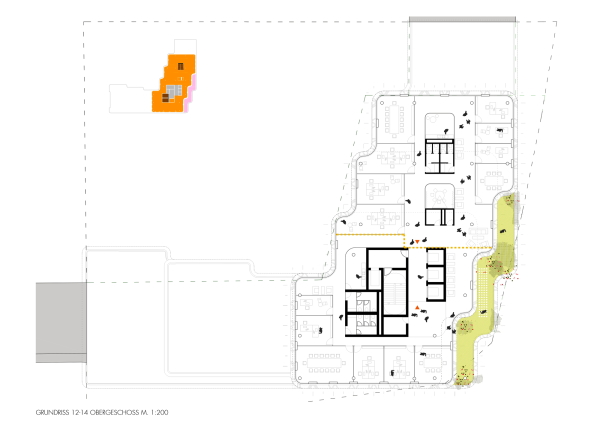 Ein 2. Preis: Nieto Sobejano, Berlin/Madrid, Grundriss 12.-14. Obergeschoss