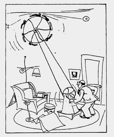 Eine  Lrmvergeltungsmaschine, um dem Nachbarn im oberen Stockwerk den strenden Trittschall heimzuzahlen. Britische Karikatur aus den 1930er Jahren.