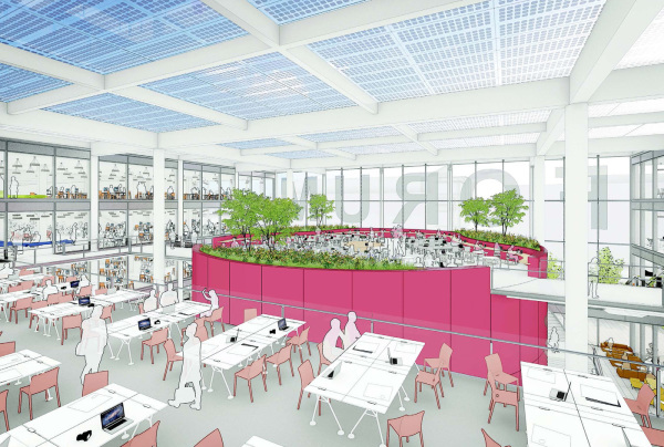 Auf seinem Dach ist eine Art Lounge fr die Studierenden untergebracht.