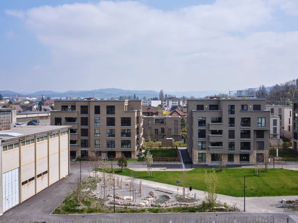 Blick auf das sdstliche Qartiersende, zuvorderst der Oehlerpark, mit den Parkapartments von Schneider und Schneider, dahinter Townhouses von KCAP.