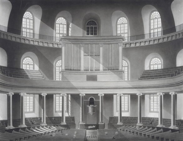 Innenansicht der historischen Paulskirche mit Empore, Tuschezeichnung, ca. 1833