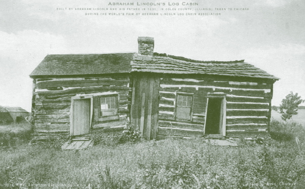 Ein Nachbau der Htte, in der Abraham Lincoln geboren wurde, steht heute im US-Bundesstaat Kentucky: Postkarte der Abraham Lincoln Log Cabin Association, 1891