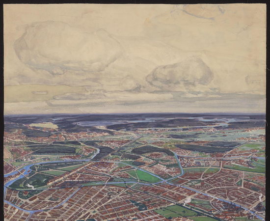 Albert Gessner: Ausschnitt aus dem Aquarell der Stadtlandschaft im Sdosten Berlins fr den Wettbewerb 1910