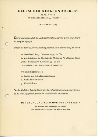 Einladung zur Grndung des Deutschen Werkbunds Berlin 1949, aus der Dokumentensammlung des Werkbundarchivs - Musem der Dinge