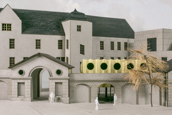 Teilnehmer Modulorbeat (Mnster) entwarfen ein streng geometrisch aufgebautes Raumsystem, das als golden schimmernde Haube mit konkaven Fassadenelementen und Rundfenstern ber die historische Coudraymauer blickt.
