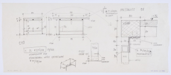 Gustav Peichl, Baukonstruktionen eines Esstisches f�r das Wohnhaus Himmelstra�e, Wien, 1960�1962, seitlicher Anbau 1974