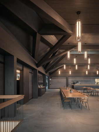 Alles in Schokoladenbraun: die Balkenkonstruktion des Dachstuhls.