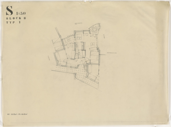 Scharouns Grundrisszeichnung einer Wohnung Typ 1 im Block B mit der Archiv-Signatur 1350.187.144 stand am Anfang des Forschungsprojekts und ist nun Aufmacher auf den ersten Seiten des Buches.