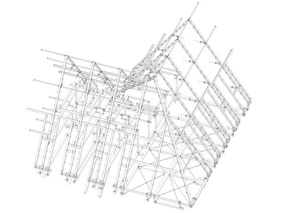 Axonometrie: Verstrkung der historischen Dachstuhls durch eine Stahlkonstruktion