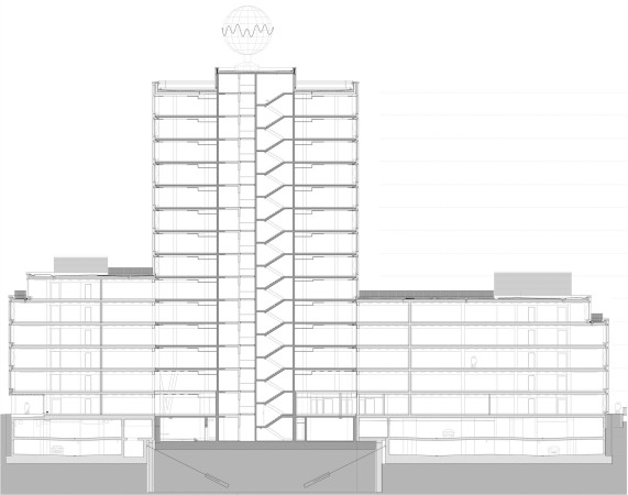 Schnitt durch Sockelgebude und Turm