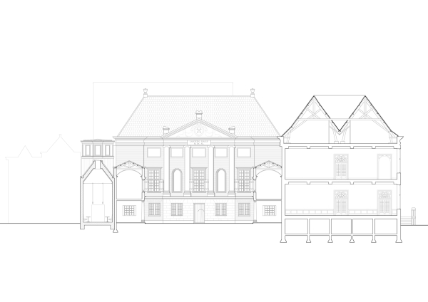 Schnitt durch den Vorhof vor dem historischen Hauptgeb�ude, de Lakenhal. Links das neue Caf�.