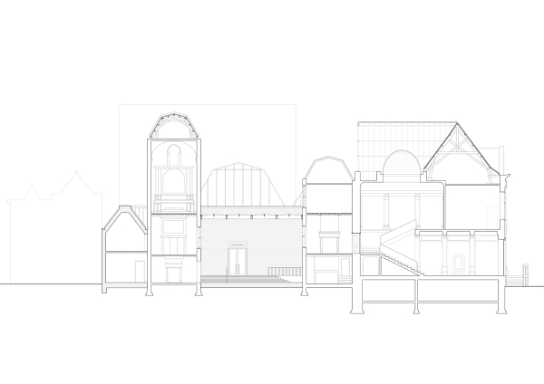 Schnitt durchs Museum auf Hhe des nun berdachten Achterplaets.