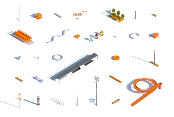 Die verschiedenen Elemente des Azatlyk Square als Baukasten