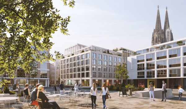 2. Platz: Henning Larsen  Die Fassade am Theo-Burauen-Platz orientiert sich mit ihrer Materialitt am Senats-Hotel, dem Spanischen Bau und dem Historischen Rathaus. Ziegel und Fensterleibungen aus Sichtbeton interpretieren das Spiel aus geschlossener Fassade und Geschossdecken. Vor den Franzsischen Balkonen befinden sich elegante Stabgelnder, die als Detail Bezug zum Senats-Hotel aufnehmen und die Fassade zustzlich rhythmisieren. Die Erdgeschosszone wird mit hellem Sichtbeton ausgefhrt. Das Motiv der Rahmen wird auch hier durch eine Matrize im Beton aufgenommen.