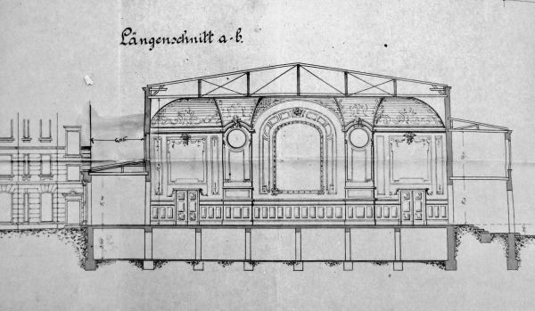 Bauzeichnung (Längsschnitt) zum groen Saal, 1898