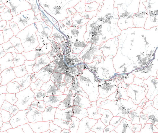 Schwarzplan des Kantons Basel- Stadt mit den heutigen Grenzen der umliegenden Gemeinden Modulr, 3/2020