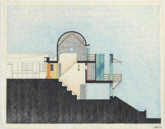 Flores Residence, Pacific Palisades, Los Angeles, 1979, Buntstift auf Transparentpapier, mit Judith Newmark  Thom Mayne