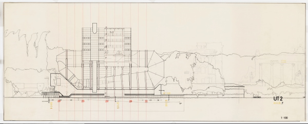 Leos Nordansicht mit Schnitt aus dem Jahr 1972 ist der wichtigste Plan zum Umlauftank. Er zeigt links unten den ersten Umlauftank und rechts Bauten der TU Berlin und das Charlottenburger Tor.