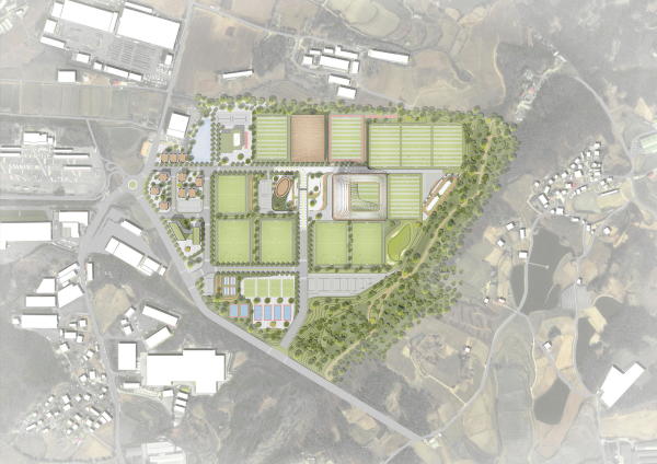Das künftige National Football Center passt sich in die von Hängen und Ackerflächen geprägte Umgebung ein.