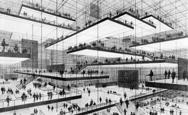Ausstellungshalle mit schwebenden Ebenen in einem Raumnetz aus Stahlseilen. Entwurf und Zeichnung Conrad Roland 1964. Sammlung Deutsches Architekturmuseum