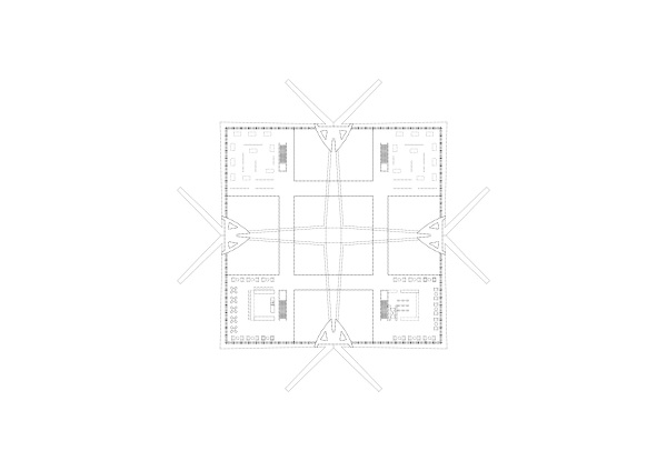 Grundriss OG: Die Dcher der vier kleineren Rume sind begehbar und bilden mit den vier Brcken ein Galeriegeschoss. Darber spannt das sttzenfreie Schalendach.