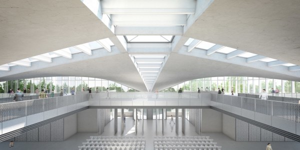 Auf dem Galeriegeschoss bietet sich ein unverstellter Blick auf die gesamte, geschwungene Dachunterseite mit ihrer spektakul�ren Lichtfuge.