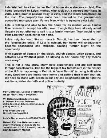 Andrew Herscher erinnert daran, wie nichtweie Identitten in der Stadtplanung zu einem Indikator fr den vermeintlichen Niedergang eines Viertels wurden. Daraus folgen, wie hier in Detroit, noch immer konomische Benachteilungen durch Banken und Kreditgeber. Bild: Detroit Eviction Defense, Poster gegen die Rumung von Lela Whitfield, Detroit, Juli 2015, Courtesy Detroit Resists / University of Pittsburgh Press