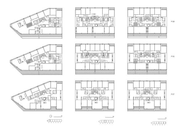 Die drei Abschnitte haben unterschiedlich viele Wohnungen: in der Spitze befinden sich sieben, in den mittleren acht und den hinteren neun.
