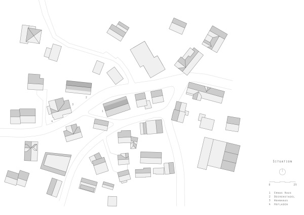 Lageplan mit dem alten Winderhof (3), dem Beerenstadel (2) und dem neuen Studentenwohnheim Ernas Haus (1).