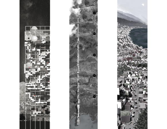 (1) Seitenansicht der Bridge City, Sdamerika (2) Plan der gRadiant City, Afrika (3) Luftbildperspektive der Switchback City, Sdosteuropa