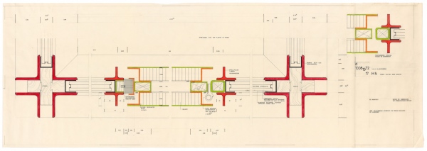 Juliaan Lampens: Entwurf für ein Touristenzentrum in Blankenberge, Belgien. Detail eines Türanschlusses, horizontaler Schnitt, 1971-1972
