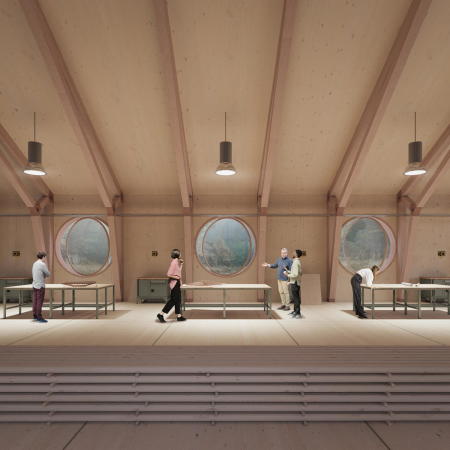 Runde Fenster durchbrechen die Lngswnde.