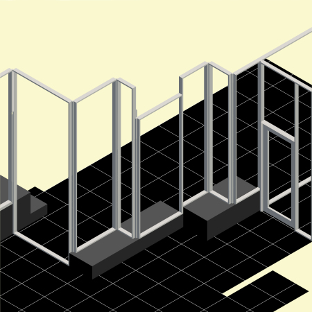 Originalbildunterschrift:   isometric vignette showing zig zag partition jumping on and off built in terrazzo seating_cafe side