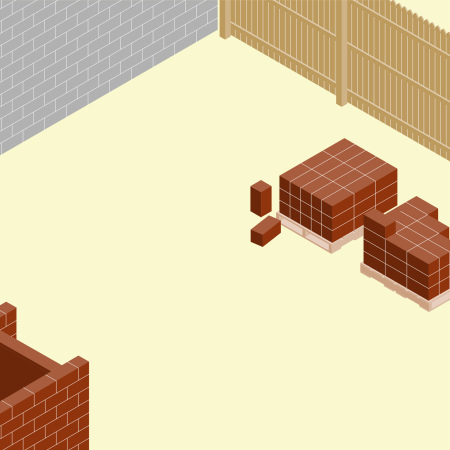Originalbildunterschrift:   isometric vignette showing palettes with leftover bricks stored at the rear of the property waiting for the next phase of the continual construction