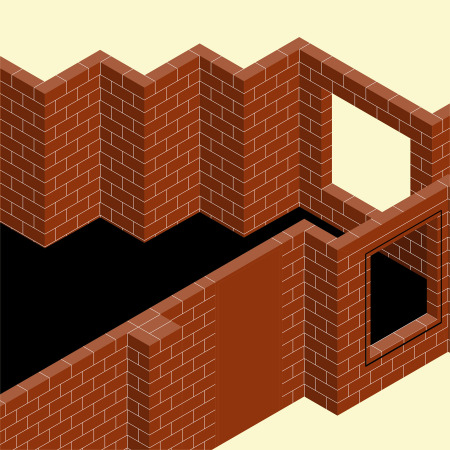 Originalbildunterschrift:  isometric vignette showing 8 ft high zig zag masonry enclosure with windows and doors acting as an unfinished building or building without a roof.