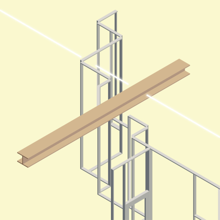Originalbildunterschrift:   isometric vignette showing intersection of existing steel beam with new zig zag partition and light strip