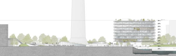 3. Preis (2. Preis Ideenteil): RKW Architektur + Rhode Kellermann Wawrowsky (Düsseldorf), WKM Landschaftsarchitekten (Düsseldorf) Ansicht Rheinseite