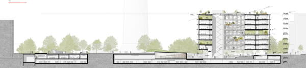 3. Preis (2. Preis Ideenteil): RKW Architektur + Rhode Kellermann Wawrowsky (Düsseldorf), WKM Landschaftsarchitekten (Düsseldorf) Lngsschnitt