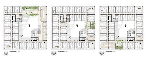 3. Preis (2. Preis Ideenteil): RKW Architektur + Rhode Kellermann Wawrowsky (Düsseldorf), WKM Landschaftsarchitekten (Düsseldorf) Ebene 01 - 03
