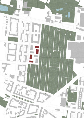 Lageplan: Die roten Baukrper wurden von Modersohn & Freiesleben geplant, die beiden im nrdlichen Abschnitt C liegenden nehmen Mietwohnungen auf, die im sdlichen Abschnitt D Eigentumswohnungen.