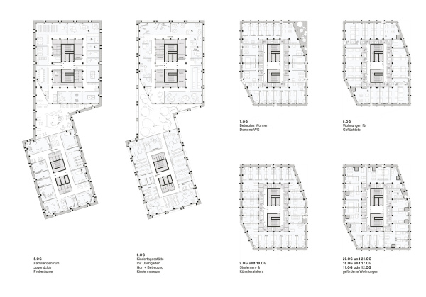 Ein 3. Preis: be baumschlager eberle architekten mit Locodrom Landschaftsarchitekten (beide Berlin), Grundrisse 5. bis 21. Obergeschoss