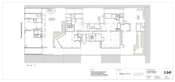 Grundriss EG: Der Neubau links, die beiden Altbauten rechts
