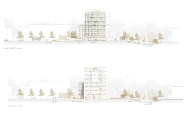 2. Rang a+r Architekten (Tbingen) mit Furche, Geiger Zimmermann Tragwerksplaner (Kngen), Ansicht Sd-Ost + Schnitt AA