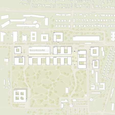 Anerkennung: Architekten Mauerer + Partner (Hollabrunn, Wien) und Franz und Sue (Wien), Lageplan aus dem Ideenteil mit komplett ersetztem Bestand