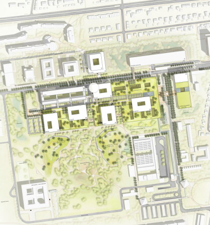 3. Preis: Ludes - Architekten Ingenieure (M�nchen) mit Wanker und Fischer Landschaftsarchitekten und Stadtplaner (Eching), Lageplan aus dem Ideenteil mit komplett ersetztem Bestand