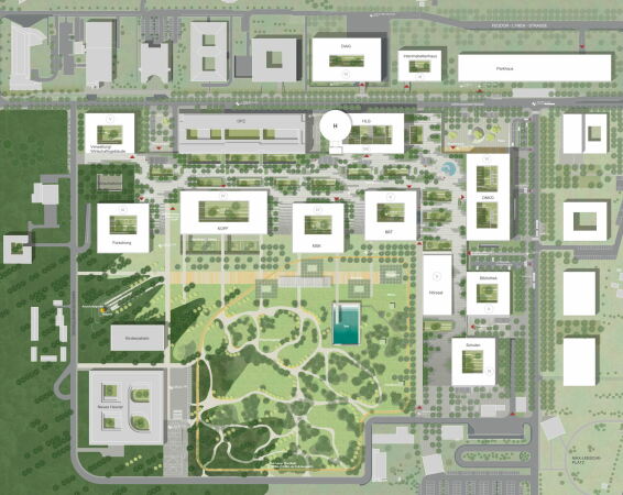 2. Preis: Obermeyer Planen + Beraten mit Keller Damm Kollegen (beide M�nchen), Lageplan aus dem Ideenteil mit komplett ersetztem Bestand