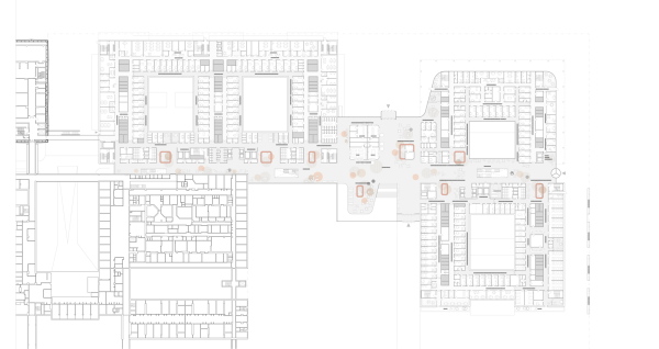 1. Preis: Arge HENN (Mnchen, Berlin, Peking) und C.F. Mller (Aarhus, Berlin) mit Sinai Landschaftsarchitekten (Berlin), Grundriss Erdgeschoss