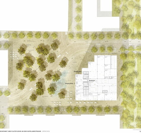 3. Preis Hochbau: Allmann Sattler Wappner Architekten; 1. Preis Freiraum: Terra.Nova Landschaftsarchitektur, Grundriss EG mit Umgebung
