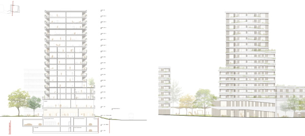 Ein 3. Preis: KSP Jürgen Engel Architekten (M�nchen), Ansicht + Schnitt